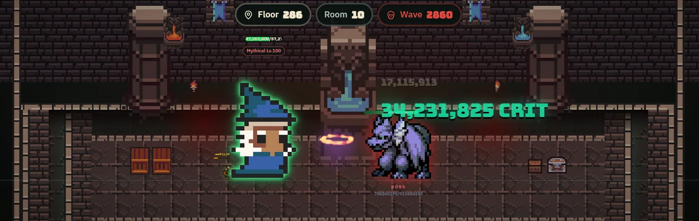 A wizard hero landing a critical hit on a gargoyle in the Hood Siege dungeon